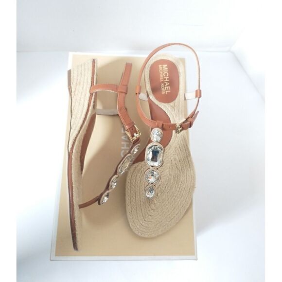 New! MICHAEL KORS Women's Rhinestone T-Strap Espadrille Sandals Size 8 Brown - Picture 9 of 14